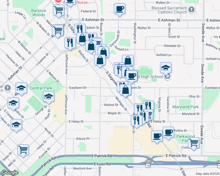map of restaurants, bars, coffee shops, grocery stores, and more near 599 Eastlawn Drive in Midland