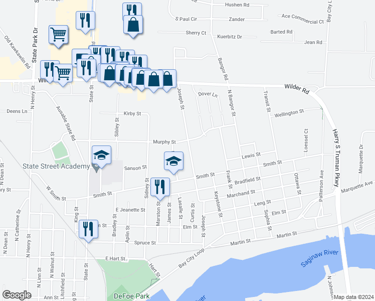 map of restaurants, bars, coffee shops, grocery stores, and more near 803 Joseph Street in Bay City