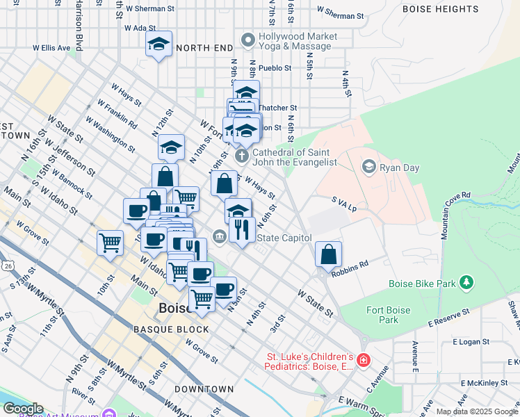 map of restaurants, bars, coffee shops, grocery stores, and more near 612 West Franklin Street in Boise