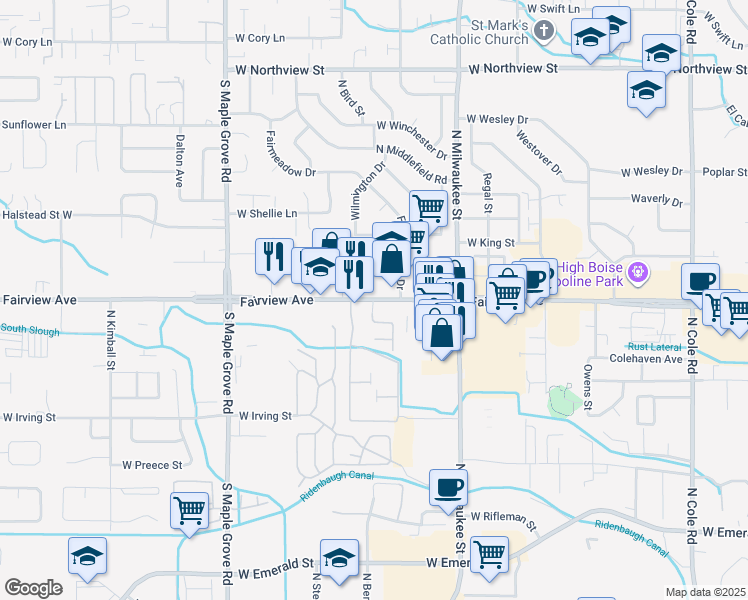 map of restaurants, bars, coffee shops, grocery stores, and more near 8533 West Fairview Avenue in Boise