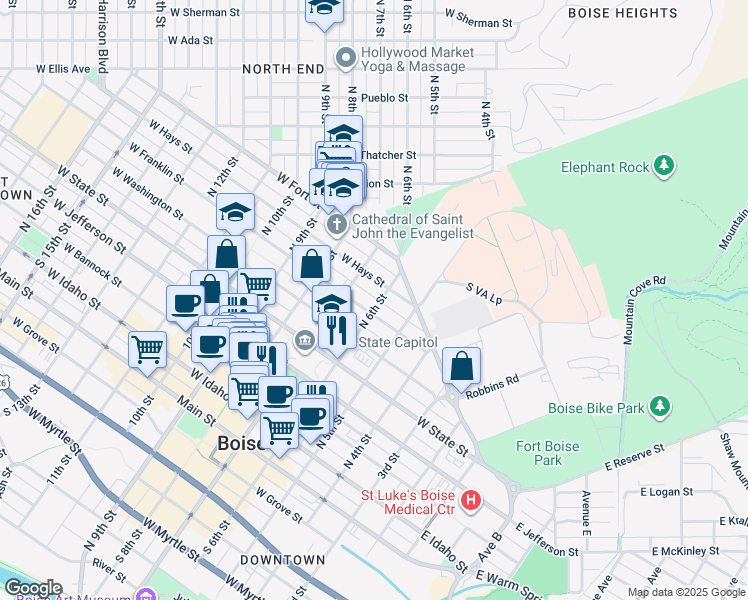 map of restaurants, bars, coffee shops, grocery stores, and more near 709 North 6th Street in Boise