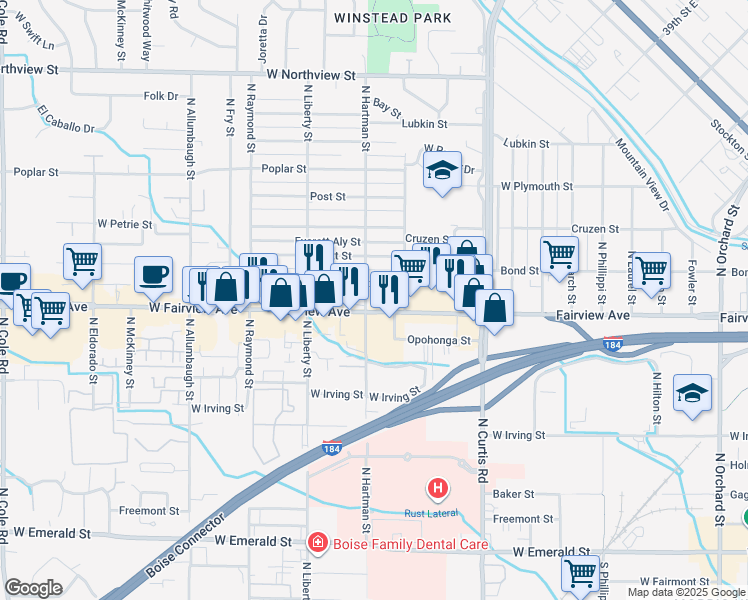 map of restaurants, bars, coffee shops, grocery stores, and more near 1703 North Hartman Street in Boise