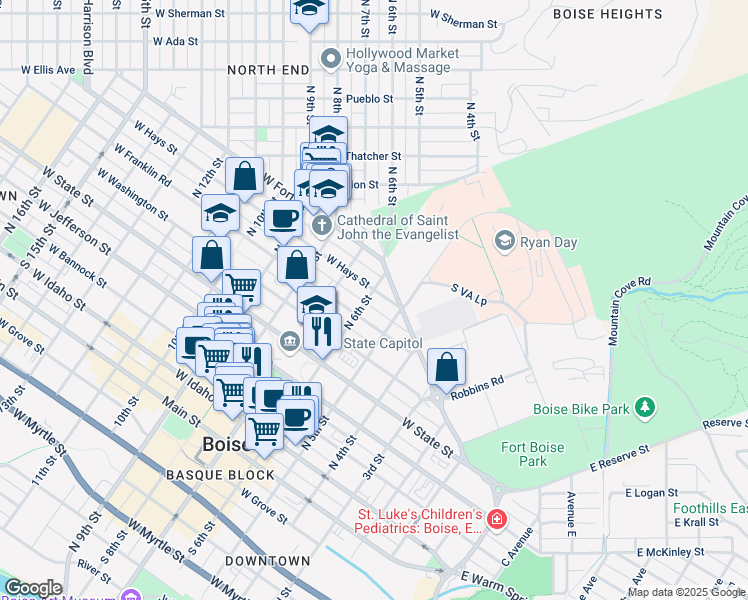 map of restaurants, bars, coffee shops, grocery stores, and more near 803 North 6th Street in Boise