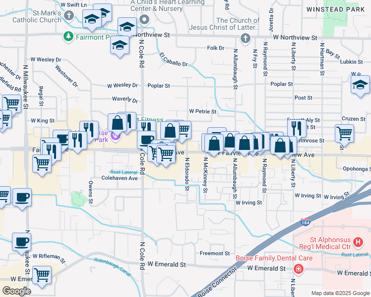 map of restaurants, bars, coffee shops, grocery stores, and more near 7160 West Fairview Avenue in Boise
