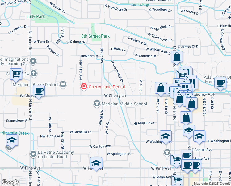 map of restaurants, bars, coffee shops, grocery stores, and more near 603 Lawndale Drive in Meridian