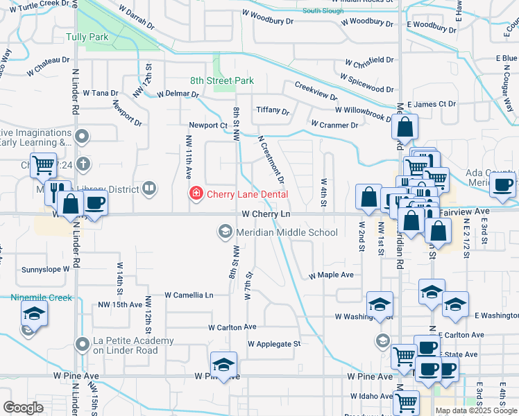 map of restaurants, bars, coffee shops, grocery stores, and more near 647 Lawndale Drive in Meridian