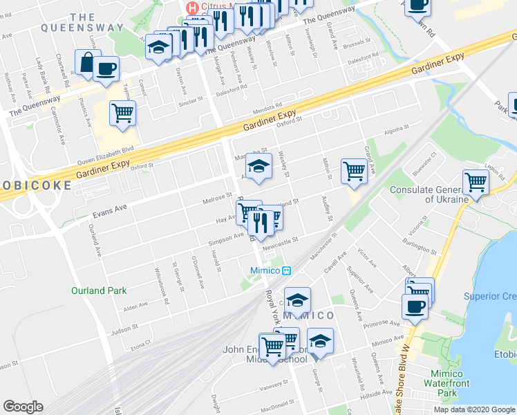 map of restaurants, bars, coffee shops, grocery stores, and more near in Toronto