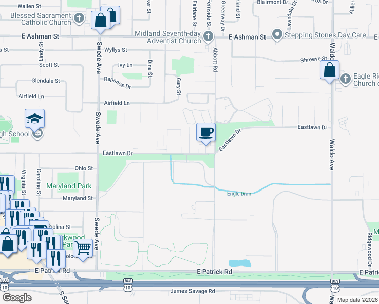 map of restaurants, bars, coffee shops, grocery stores, and more near 2403 Morning Dawn Drive in Midland