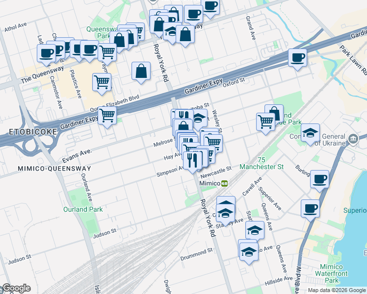 map of restaurants, bars, coffee shops, grocery stores, and more near 400 Royal York Road in Toronto