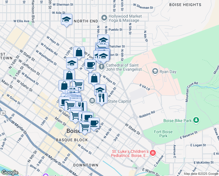 map of restaurants, bars, coffee shops, grocery stores, and more near 612 West Franklin Street in Boise