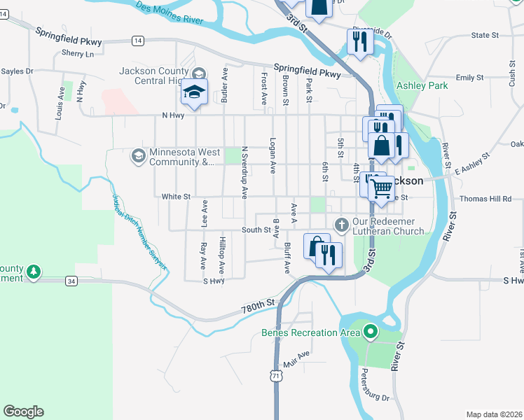 map of restaurants, bars, coffee shops, grocery stores, and more near 907 White Street in Jackson