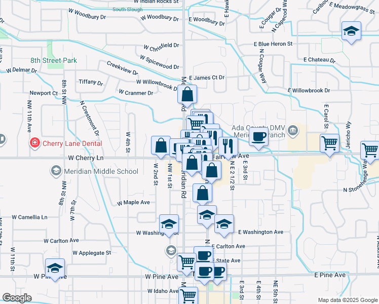 map of restaurants, bars, coffee shops, grocery stores, and more near 62 East Fairview Avenue in Meridian