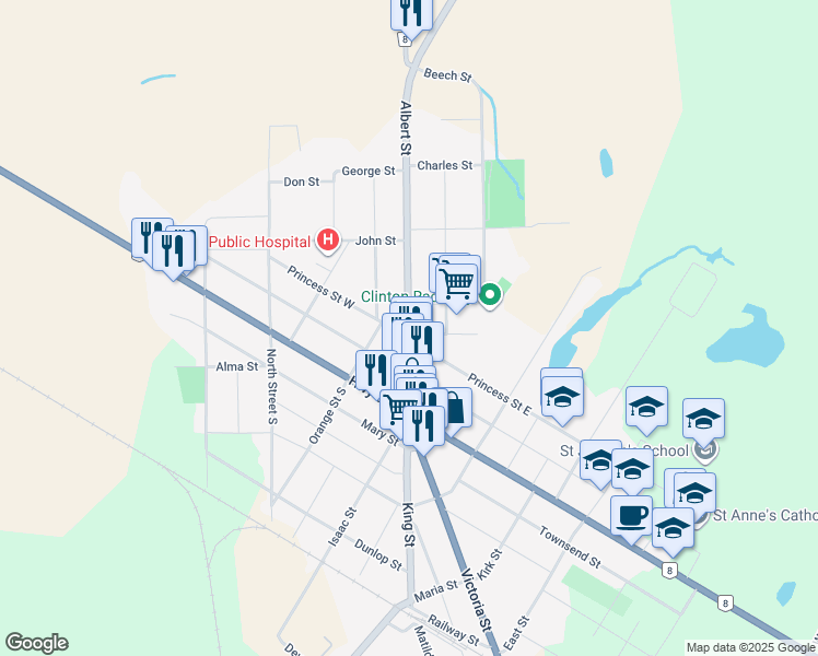 map of restaurants, bars, coffee shops, grocery stores, and more near London Rd & Princess St W in Clinton