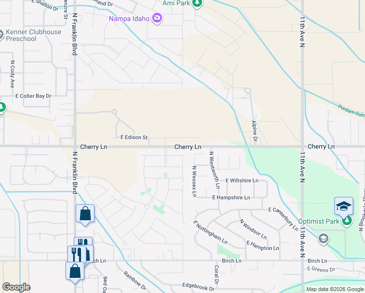 map of restaurants, bars, coffee shops, grocery stores, and more near Cherry Lane in Nampa