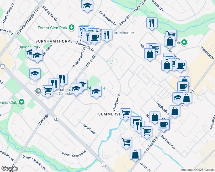 map of restaurants, bars, coffee shops, grocery stores, and more near in Mississauga