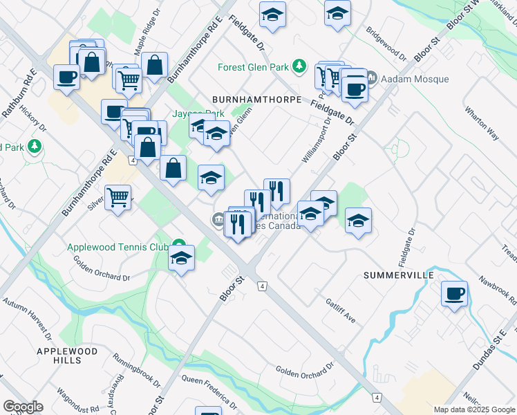 map of restaurants, bars, coffee shops, grocery stores, and more near in Mississauga