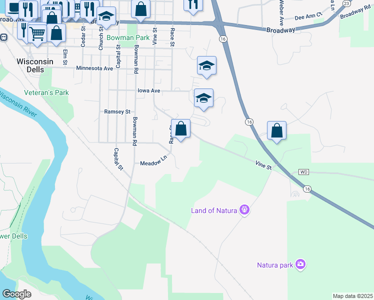 map of restaurants, bars, coffee shops, grocery stores, and more near 300 Race Street in Wisconsin Dells