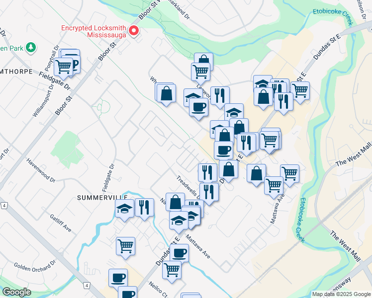 map of restaurants, bars, coffee shops, grocery stores, and more near Main Street in Mississauga