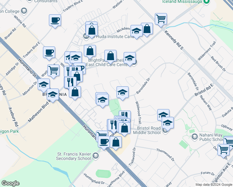 map of restaurants, bars, coffee shops, grocery stores, and more near 5486 Cosmic Crescent in Mississauga
