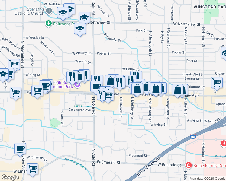 map of restaurants, bars, coffee shops, grocery stores, and more near 7160 West Fairview Avenue in Boise