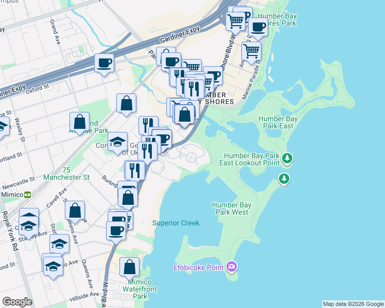 map of restaurants, bars, coffee shops, grocery stores, and more near 2261 Lake Shore Boulevard West in Toronto