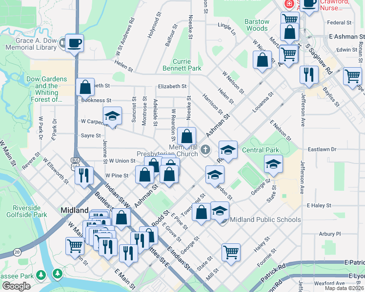map of restaurants, bars, coffee shops, grocery stores, and more near 112 West Reardon Street in Midland