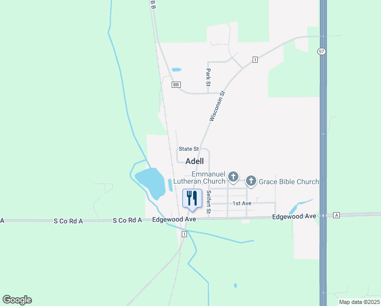 map of restaurants, bars, coffee shops, grocery stores, and more near 623 State Street in Adell