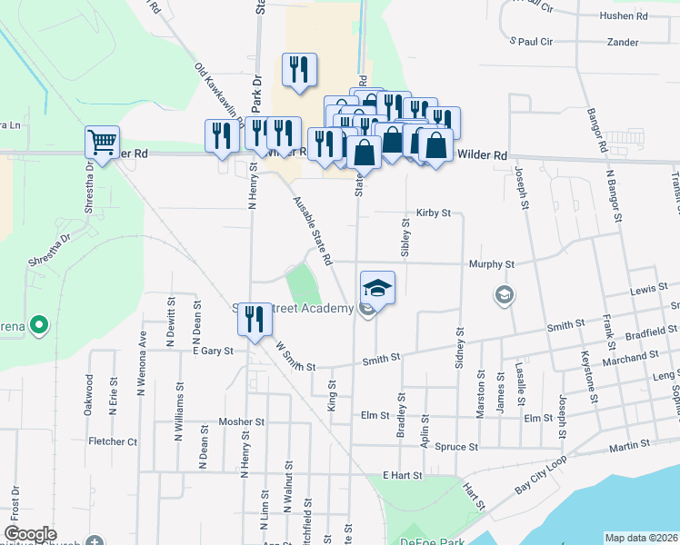 map of restaurants, bars, coffee shops, grocery stores, and more near 120 Ausable State Road in Bay City