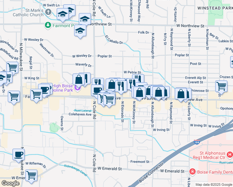 map of restaurants, bars, coffee shops, grocery stores, and more near 7160 West Fairview Avenue in Boise