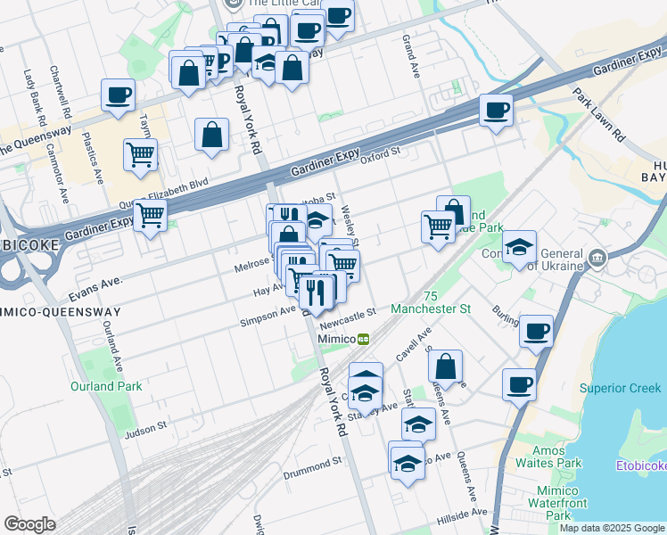 map of restaurants, bars, coffee shops, grocery stores, and more near in Toronto