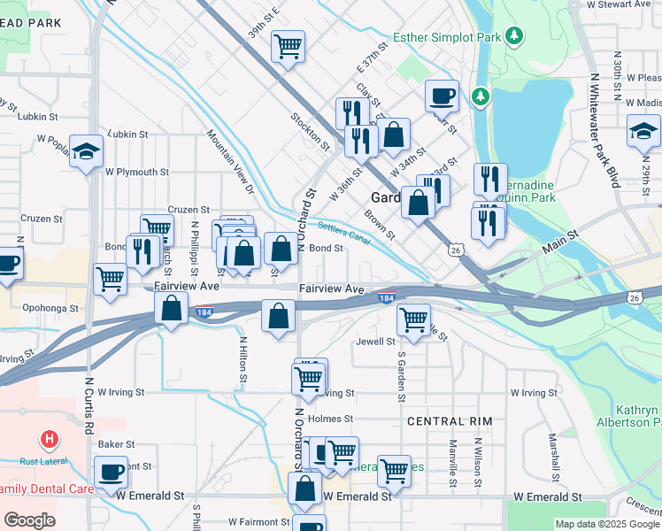 map of restaurants, bars, coffee shops, grocery stores, and more near 1621 Gordon Street in Boise
