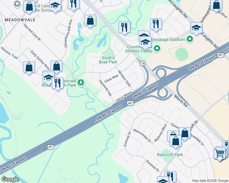 map of restaurants, bars, coffee shops, grocery stores, and more near 941 Mandolin Place in Mississauga