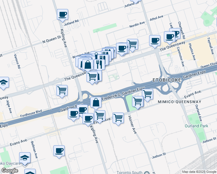 map of restaurants, bars, coffee shops, grocery stores, and more near 45 Zorra Street in Toronto