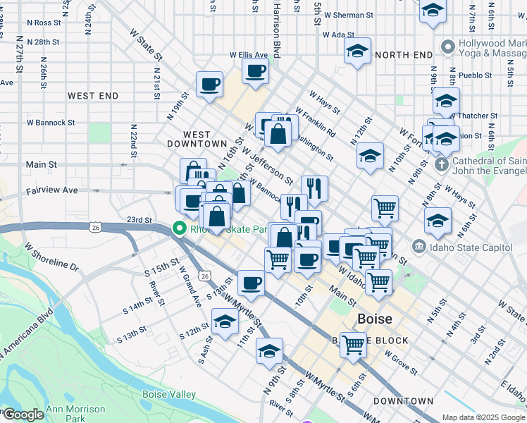 map of restaurants, bars, coffee shops, grocery stores, and more near 1322 West Idaho Street in Boise