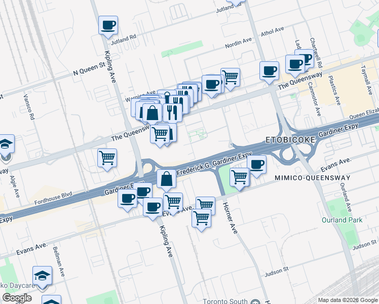 map of restaurants, bars, coffee shops, grocery stores, and more near 36 Zorra Street in Toronto