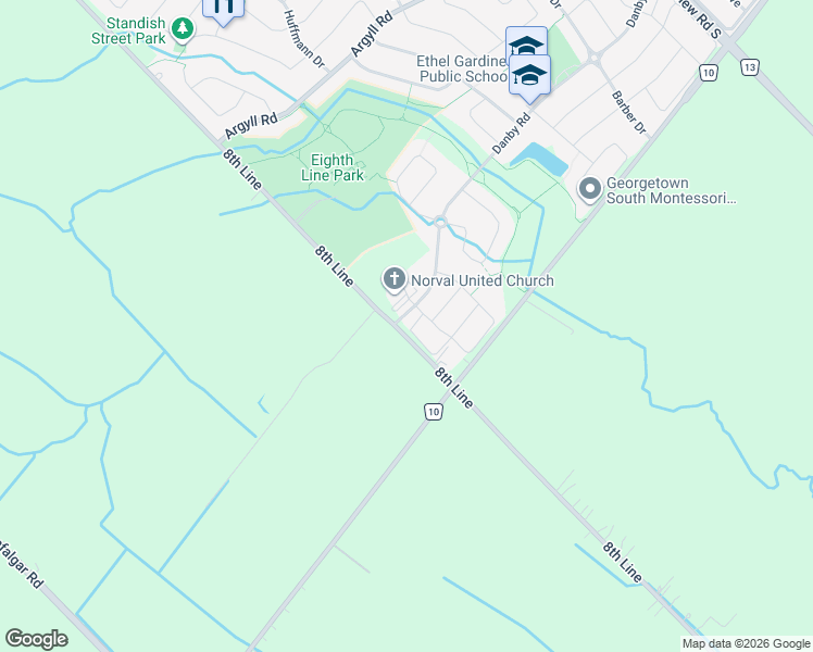 map of restaurants, bars, coffee shops, grocery stores, and more near 14012 Danby Road in Halton Hills