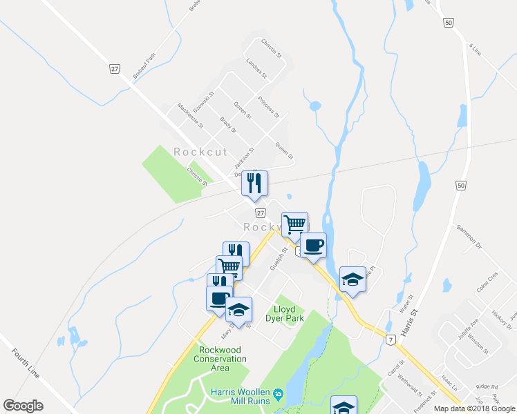map of restaurants, bars, coffee shops, grocery stores, and more near 138 Main Street North in Rockwood