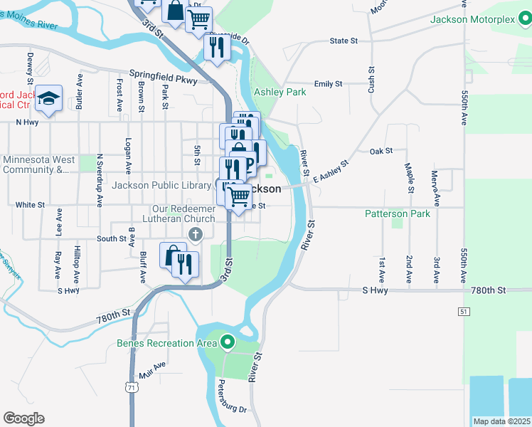 map of restaurants, bars, coffee shops, grocery stores, and more near 210 1st Street in Jackson