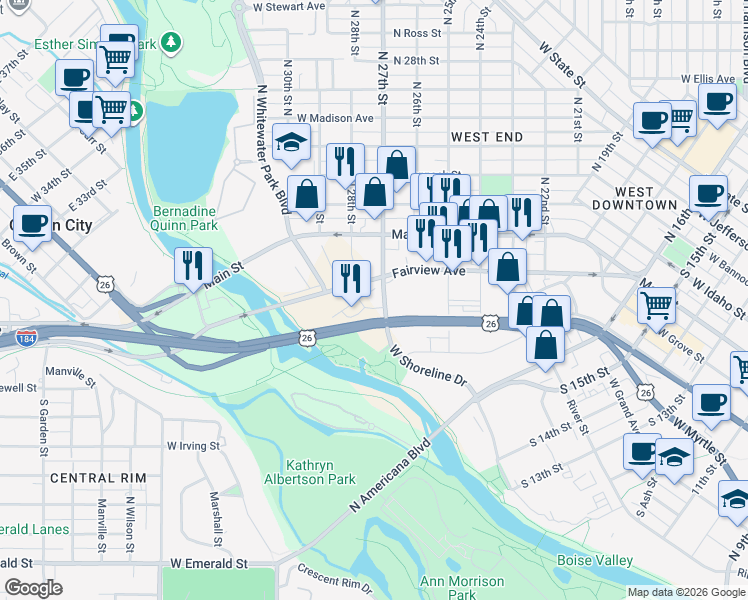 map of restaurants, bars, coffee shops, grocery stores, and more near in Boise