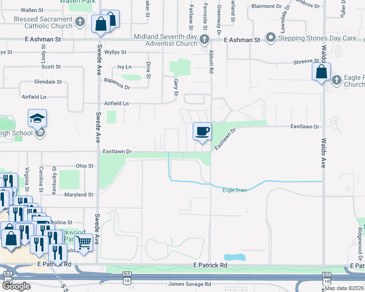 map of restaurants, bars, coffee shops, grocery stores, and more near 2408 Morning Dawn Drive in Midland
