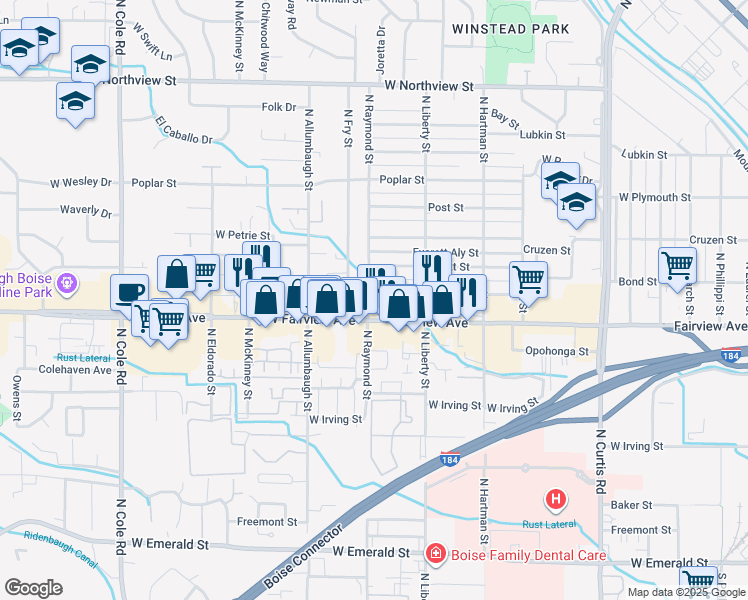 map of restaurants, bars, coffee shops, grocery stores, and more near 1612 North Raymond Street in Boise