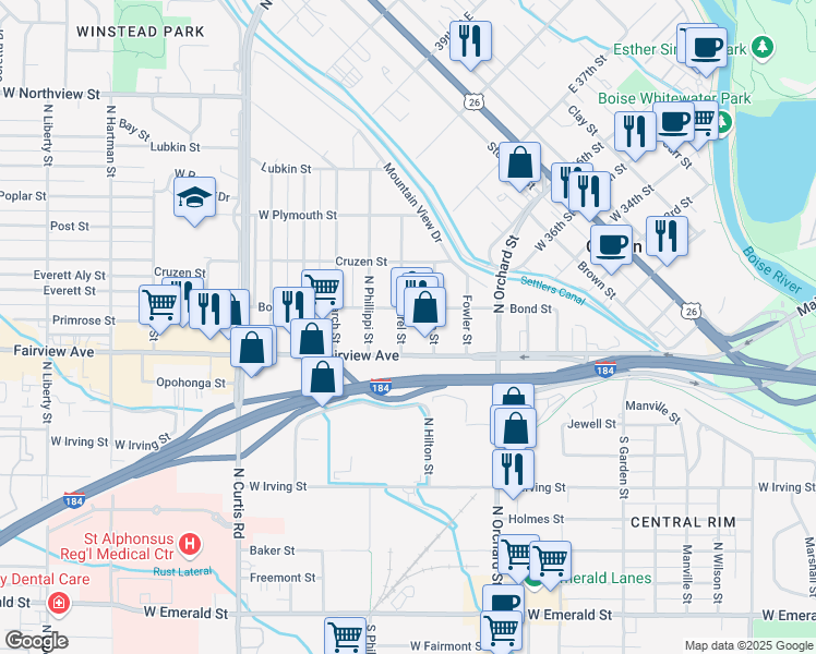 map of restaurants, bars, coffee shops, grocery stores, and more near 5256 West Fairview Avenue in Boise