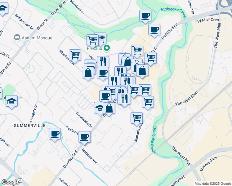 map of restaurants, bars, coffee shops, grocery stores, and more near 1855 Dundas Street East in Mississauga