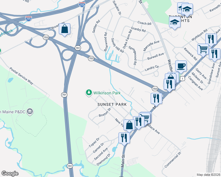 map of restaurants, bars, coffee shops, grocery stores, and more near 47 Delaware Avenue in South Portland
