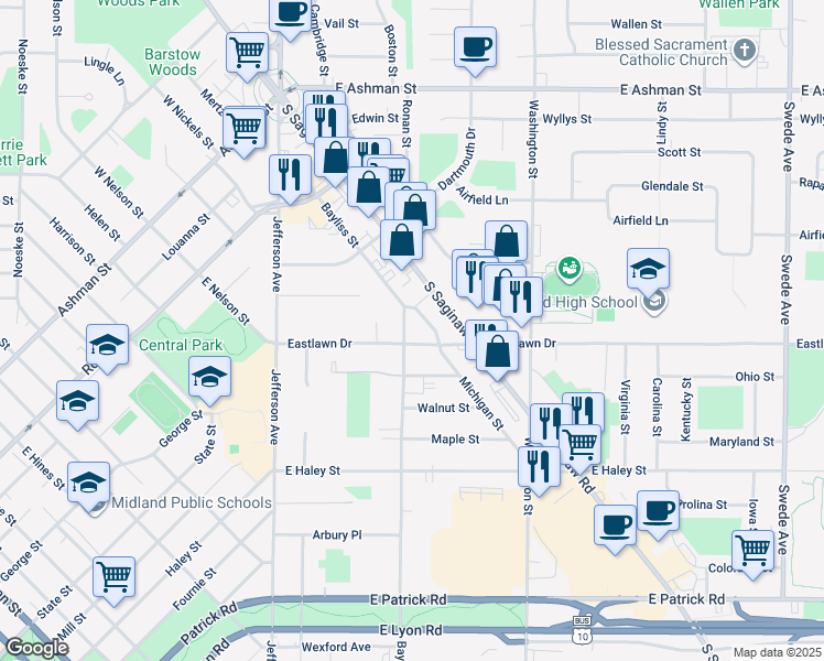 map of restaurants, bars, coffee shops, grocery stores, and more near 1019 Bayliss Street in Midland