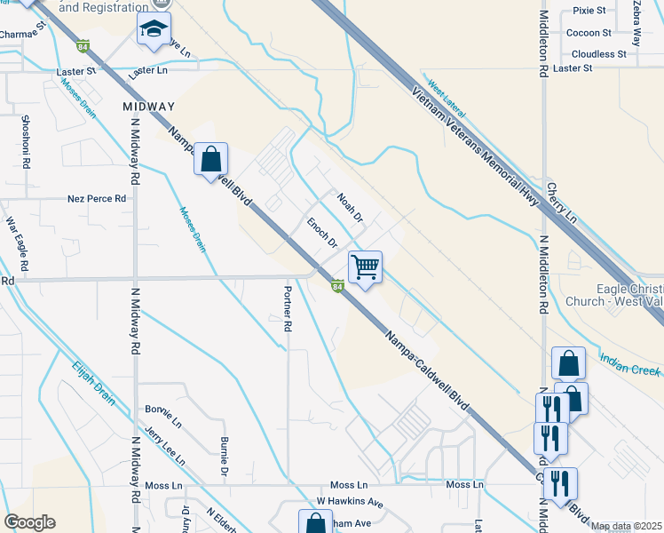 map of restaurants, bars, coffee shops, grocery stores, and more near 313 Isaiah Way in Caldwell