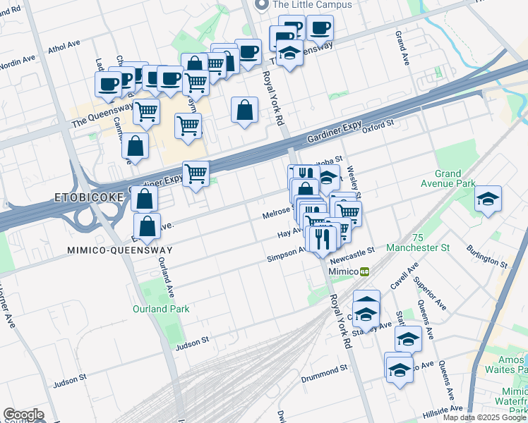 map of restaurants, bars, coffee shops, grocery stores, and more near in Toronto