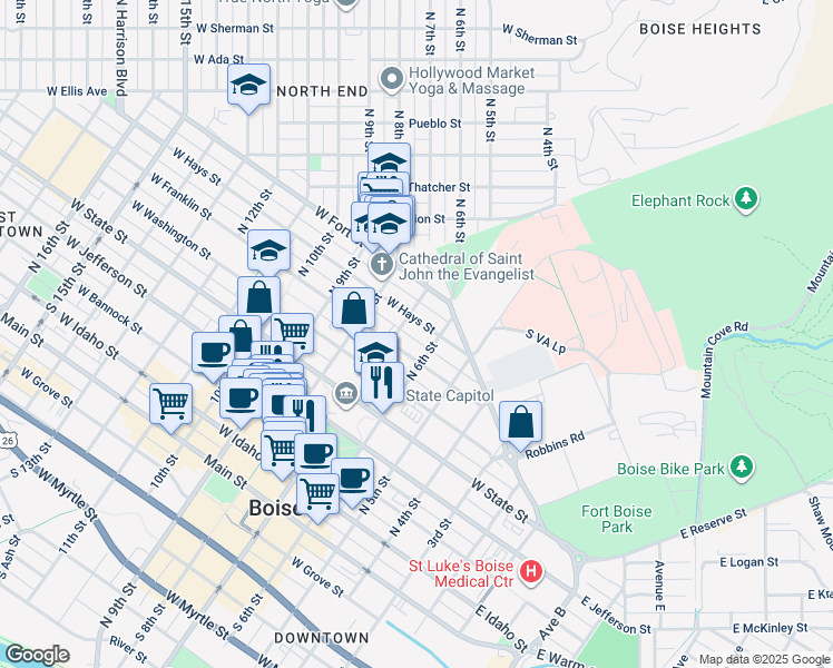 map of restaurants, bars, coffee shops, grocery stores, and more near 615 West Hays Street in Boise