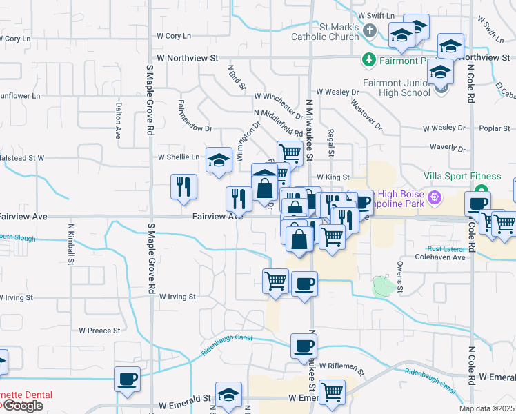 map of restaurants, bars, coffee shops, grocery stores, and more near 8486 West Fairview Avenue in Boise