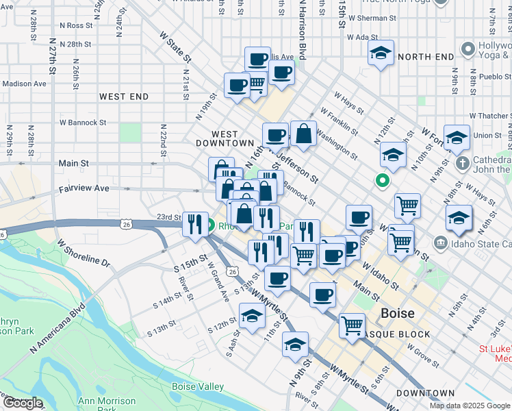 map of restaurants, bars, coffee shops, grocery stores, and more near 1422 Main Street in Boise